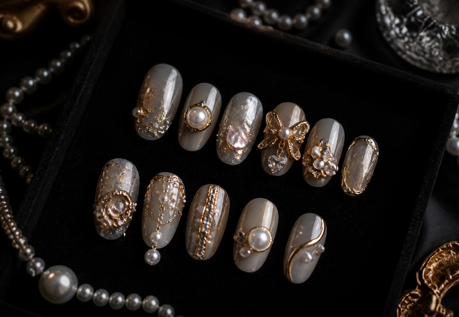 Press-on nails ornés de perles, cristaux et détails dorés présentés comme des bijoux