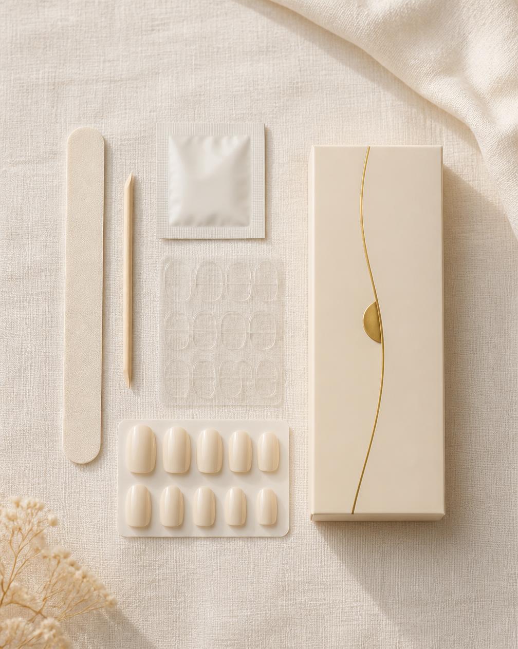 Contenu du kit ÉLI NAIL : lime, bâtonnet à cuticules, adhésifs et coffret